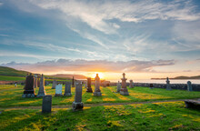 Balnakeil Chapel,historic Church Ruins And Graveyard At Sunset,next To Balnakeil Beach, Lairg,northwest Scotland,UK.