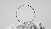 3d Render, Abstract White Background With Golden Ring, Round Frame Integrated Into Chalk Rock Stone, Aesthetic Minimalist Wallpaper