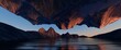 canvas print picture 3d render, fantastic sunset landscape panorama with cliffs reflecting in the water. Abstract unique background. Spiritual zen wallpaper