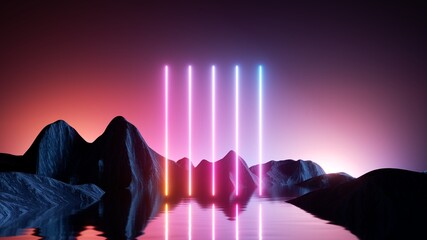 Wall Mural - 3d rendering. aesthetic minimalist wallpaper. surreal landscape with rocky mountains, water, fantast