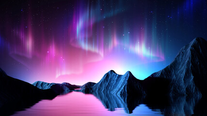 Wall Mural - 3d render, abstract panoramic background. seascape with cliffs under the pink blue night gradient sk