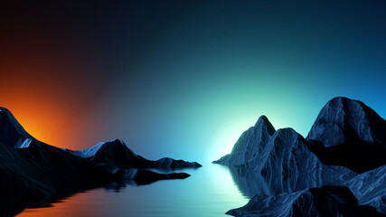Wall Mural - 3d render, panoramic background. mysterious scenery with fiords under the colorful sky. seascape wit