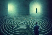 Illustration Of Man Lost In A Complex Labyrinth, Surreal Abstract Concept