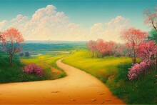 Spring Or Summer Cartoon Landscape Illustration Of A Cartoon Summer Or Spring Season Country Landscape, With Road Trail Leading Towards Horizon