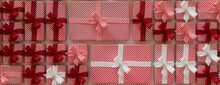 Christmas Presents Precisely Arranged In A Grid. Elegant Red And White Festive Wallpaper.