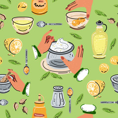 Wall Mural - Colored seamless pattern of food and drink. For the menu of restaurants, cafes, and canteens. Fresh food. Harvest. Sauces, mayonnaise, mustard.