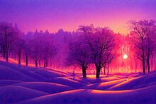 Beautiful Winter Landscape With Forest, Trees And Sunrise. Winterly Morning Of A New Day. Purple Winter Landscape With Sunset