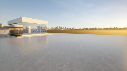 3d rendering of concrete floor, empty space at outdoor. Include blur modern building exterior of showroom, shop or store. Background design with sky, city for auto car product display.
