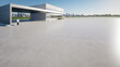 © DifferR - 3d rendering of concrete floor, empty space at outdoor. Include blur modern building exterior of showroom, shop or store. Background design with sky, city for auto car product display.