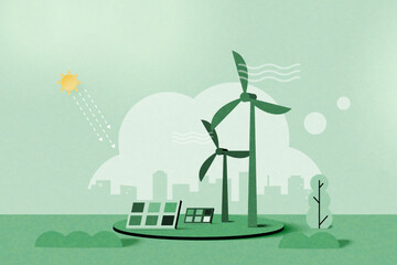 Wall Mural - Green alternative renewable energy. Green eco friendly nature landscape background.Paper art of ecology and environment concept.Vector Illustration.