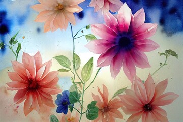 Wall Mural - Flowers watercolor illustration. Manual composition. Big watercolor elements.