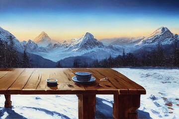 winter blue landscape of alps and brown old table of wood and snow place