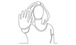 continuous line of woman showing palm as stop sign, stay, hold or rejection gesture