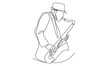 continuous line of male saxophonist with hat performing to play saxophone