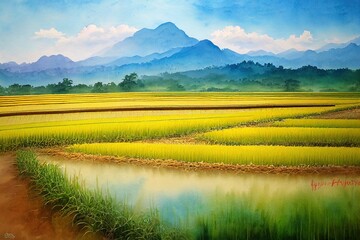 Sticker - Watercolor landscape original paintings on paper colorful of rice field, farmer farm tractor with mountain and sky, cloud background. Hand painted beautiful nature spring season in Thailand.