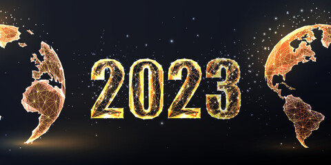 Wall Mural -  New Year 2023 to World elegant gold greeting card or banner. Futuristic glowing style on black