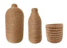 Pots Wrapped And Basket Knitted From Jute Thread Isolated On A Transparent Background. Rough Handicrafts In Rustic Style. Handmade Scandi Png Set