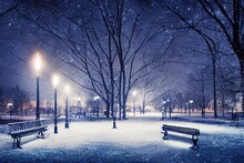 Illuminated City Park At Night. Bench And Lantern Close Up. Snow Covered Trees After A Blizzard. Dark Atmospheric Winter Cityscape. Tourism, Recreation, Christmas, Vacations, Downtown. Panoramic View