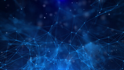 Leinwandbilder - Abstract technology of low poly triangle shape with dots and lines network dynamic on blue cyber space illustration background.