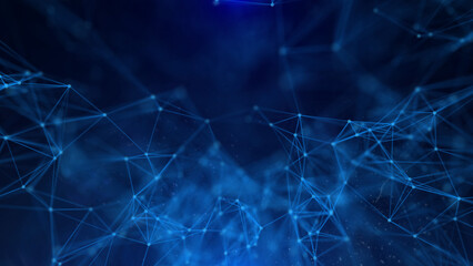 Leinwandbilder - Abstract technology of low poly triangle shape with dots and lines network dynamic on blue cyber space illustration background.