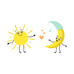 Wall Mural - Cute sun and moon character with love emotions, happy face, smile, arms and legs. Person with happy expression and pose. Vector flat illustration