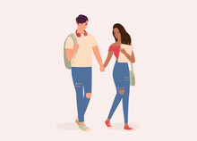 Mixed Race Student Couple With White Man And Black Woman In Ripped Jeans Smiling, Walking And Holding Hands Together. Full Length. Flat Design Style, Character, Cartoon.