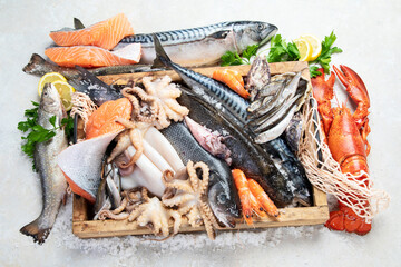 Canvas Print - Fresh fish and seafood arrangement. Healthy eating concept. Top view..