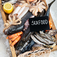 Poster - Fresh fish and seafood arrangement. Healthy eating concept. Top view..