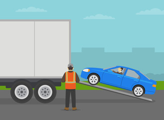 Wall Mural - Automobile shipping service. Blue sedan car entering semi-trailer. Shipping truck being loaded by cars. Flat vector illustration template.