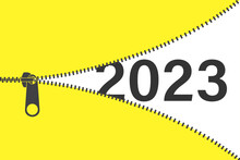 Opening Zipper And Happy New 2023 Year Coming Soon. Cartoon Yellow And Black Banner, Template With Place For Text. New Year Idea Concept. Clothing Zipper And Xmas Signs.