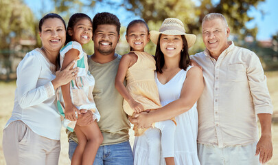 Poster - Love, park and nature portrait of big family on summer vacation in Malaysia for happy family reunion or holiday peace. Children, parents and grandparents bond, smile and enjoy quality time together