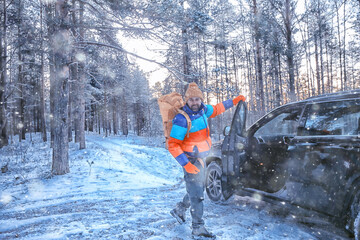 Wall Mural - SUV forest winter, car on a forest road, landscape seasonal snow forest view