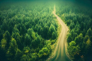 Top view of dark green forest landscape wallpaper art. Aerial nature scene of pine trees and asphalt road banner design. Countryside path trough coniferous wood form above. Adventure travel background