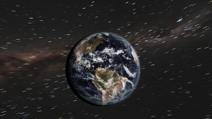 Wall Mural - Timelapse Close Up of Earth Spinning in Space with Milky Way Galaxy and Stars Rotating in Background - 3D CGI Animation 4K