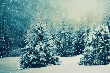 Poster - Frosty winter landscape in snowy forest. Pine branches covered with snow in cold winter weather. Christmas background with fir trees and blurred background of winter