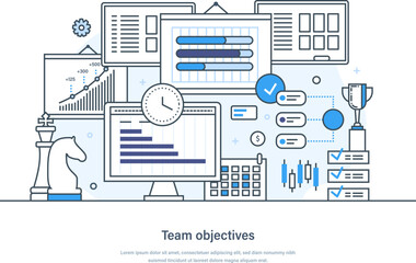 Wall Mural - Team building objectives, purposes and goals web banner. Team building activities for breeding loyalty, building goals, planning, targeting, consistency for success thin line design