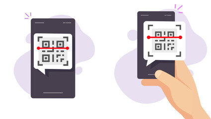 Qr code on cell phone mobile scanner app icon vector graphic illustrated modern, person man scanning via smartphone qrcode for payment information, digital electronic technology image