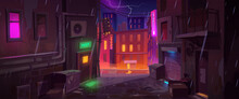 Back Street Alley With Old City Houses In Rain At Night. Empty Dark Alleyway With Town Buildings, Neon Signs On Brick Walls, Trash Bins And Lightning In Sky, Vector Cartoon Illustration