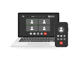 Screen video call interface template. Web conference mockup, business webinar design on laptop and phone. Vector illustration