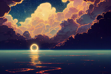 Wall Mural - fantasy atmosphere sky landscape. japanese anime style. dynamic cloud see through light. amazing vie