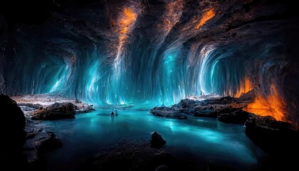 Dark cave with magical colorful neon light. Glow reflection, mirrored, fantasy mountain landscape, cave landscape, neon. Underground tunnel, magic.