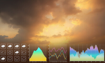 Wall Mural - weather forecast symbol data presentation with graph and chart on dramatic atmosphere panorama view 