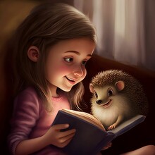 Young Smiling Girl Reading Book To Her Little Hedgehog | Created Using Midjourney And Photoshop
