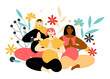 Group of pregnant women of different nationalities practicing yoga in a lotus pose. Future mothers doing relaxing exercise and meditating in asana. Vector flat illustration 