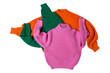 Three knitted sweaters of different colors lie one on top of the other in a chaotic arrangement, isolate