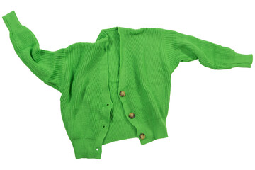 green knitted sweater with buttons, laid out as if levitating , isolate