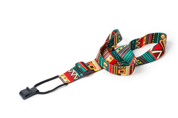 Neck strap in bright abstract neoprene for comfortable ukulele playing.