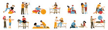 Physical Therapy, Treatment, Massage And Chiropractic. Doctors And Patients On Rehabilitation And Recovery, Doing Exercises With Balls, Vector Hand Drawn Illustration Isolated On White Background