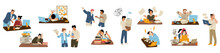 Set Of Annoyed People At Work Flat Vector Illustration On White. Scenes With Office Employees Tired Of Stressful Job, Colleagues Having Conflict, Angry Boss Yelling, Man Fired, Woman Suffering Burnout