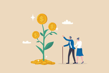 Wall Mural - Retirement pension fund, investment profit or earning for retiree, 401k or savings and senior financial planning, wealth management concept, elderly couple, grandpa look at money growth plant profit.